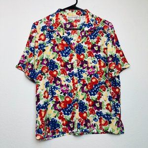 Vintage Fruit Floral Pattern V-Neck Button Up Top